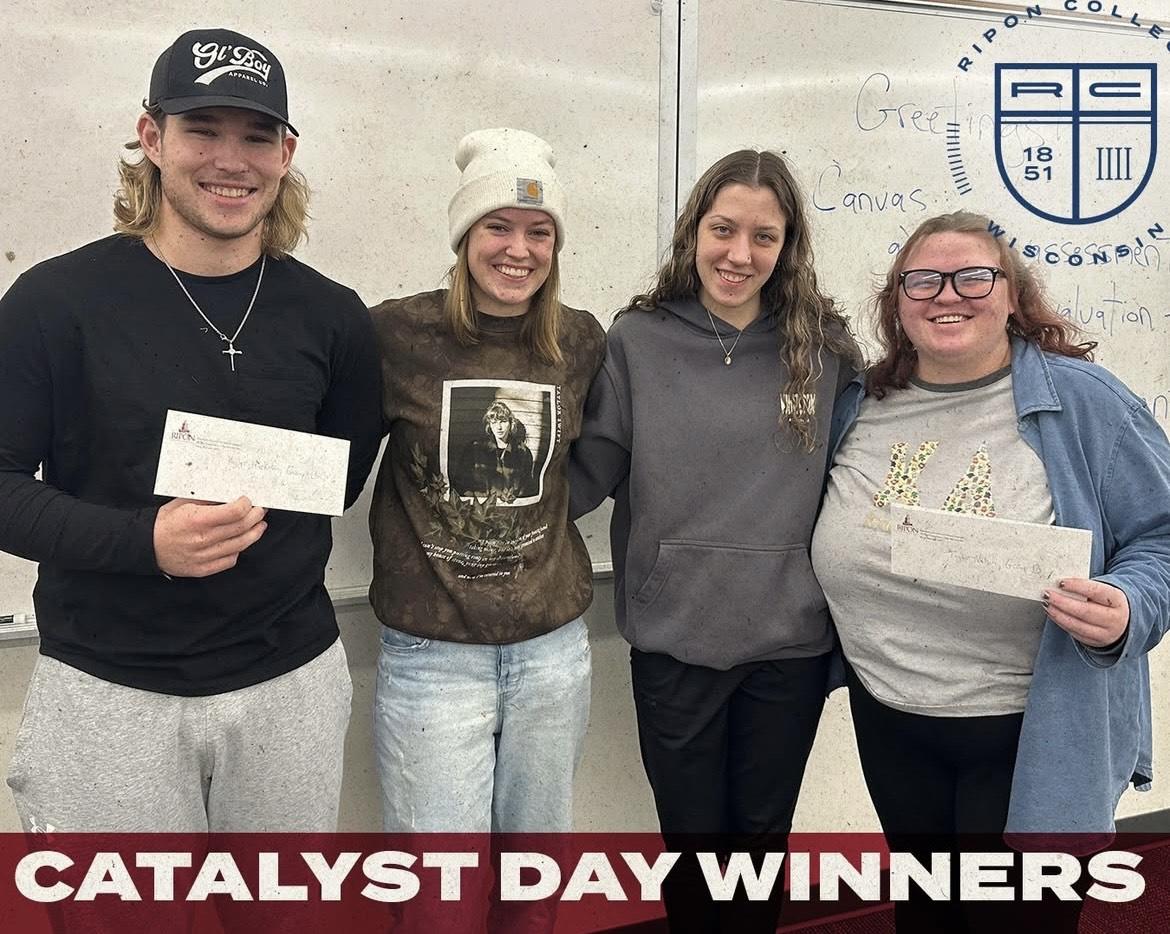 Group 13 poses after their win: from left, Kyler Hickman, Sydney Swanson, Natalie Weidner,  and Taylor Nelson. Photo Courtesy of Ripon College.