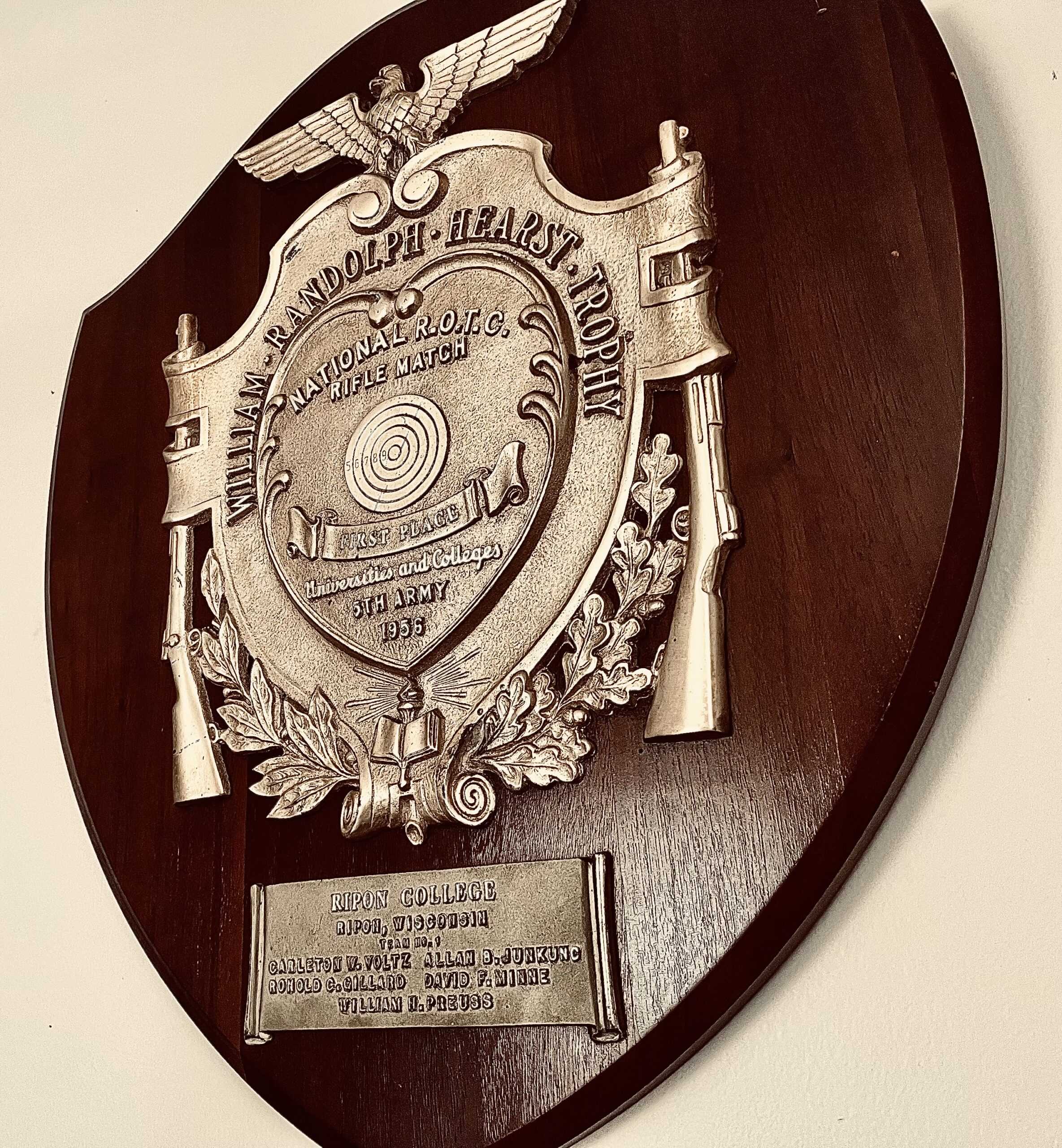 ROTC has a rich history dating back to the 1950s, as is depicted in this plaque awarding first place to the Ripon rifle team. 